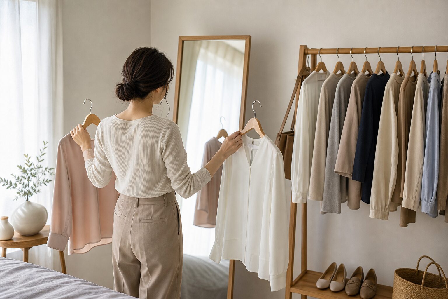 30代女性がクローゼットで老け見えしない服を選んでいる様子